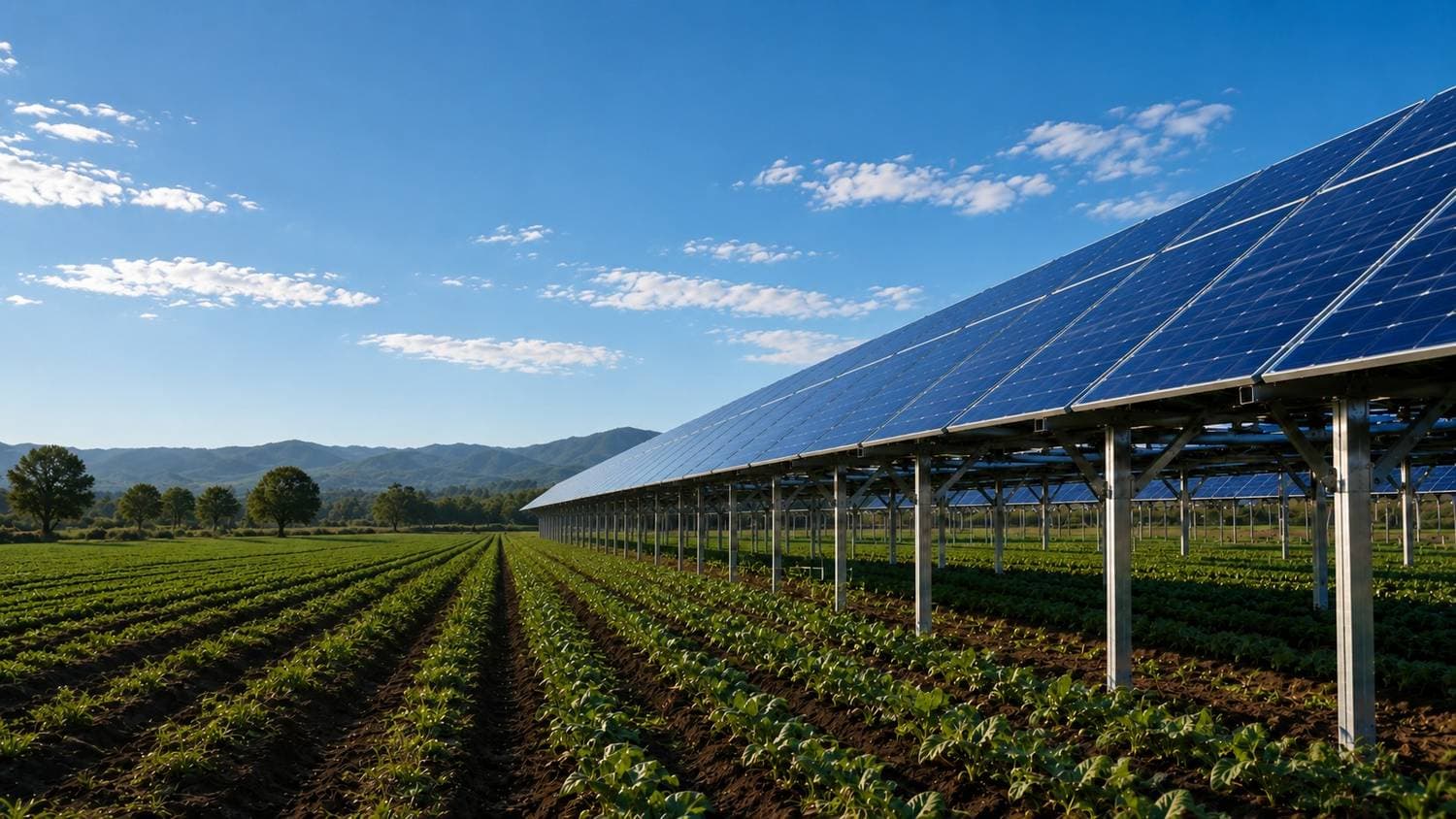 Elevated solar panels above a farm field